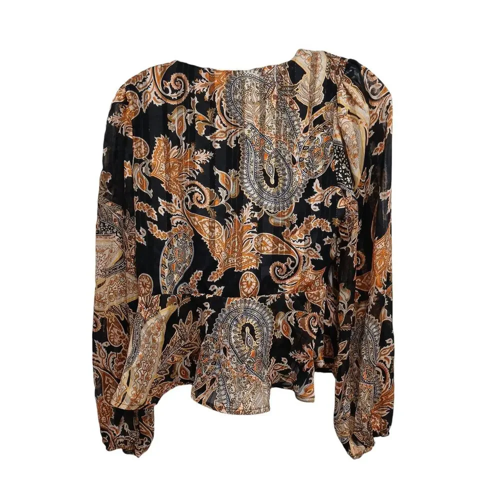 NEW Fashion Nova Blouse S Black Gold Equestrian‎ Paisely Babydoll Puff Sleeve
